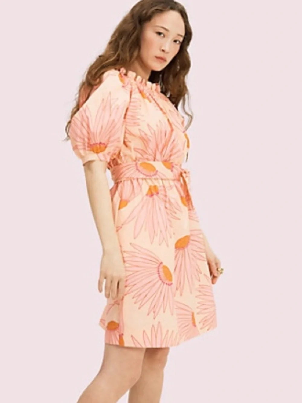 Kate Spade Peach and Pink Floral Off-Shoulder Midi Dress, Two Belts Large